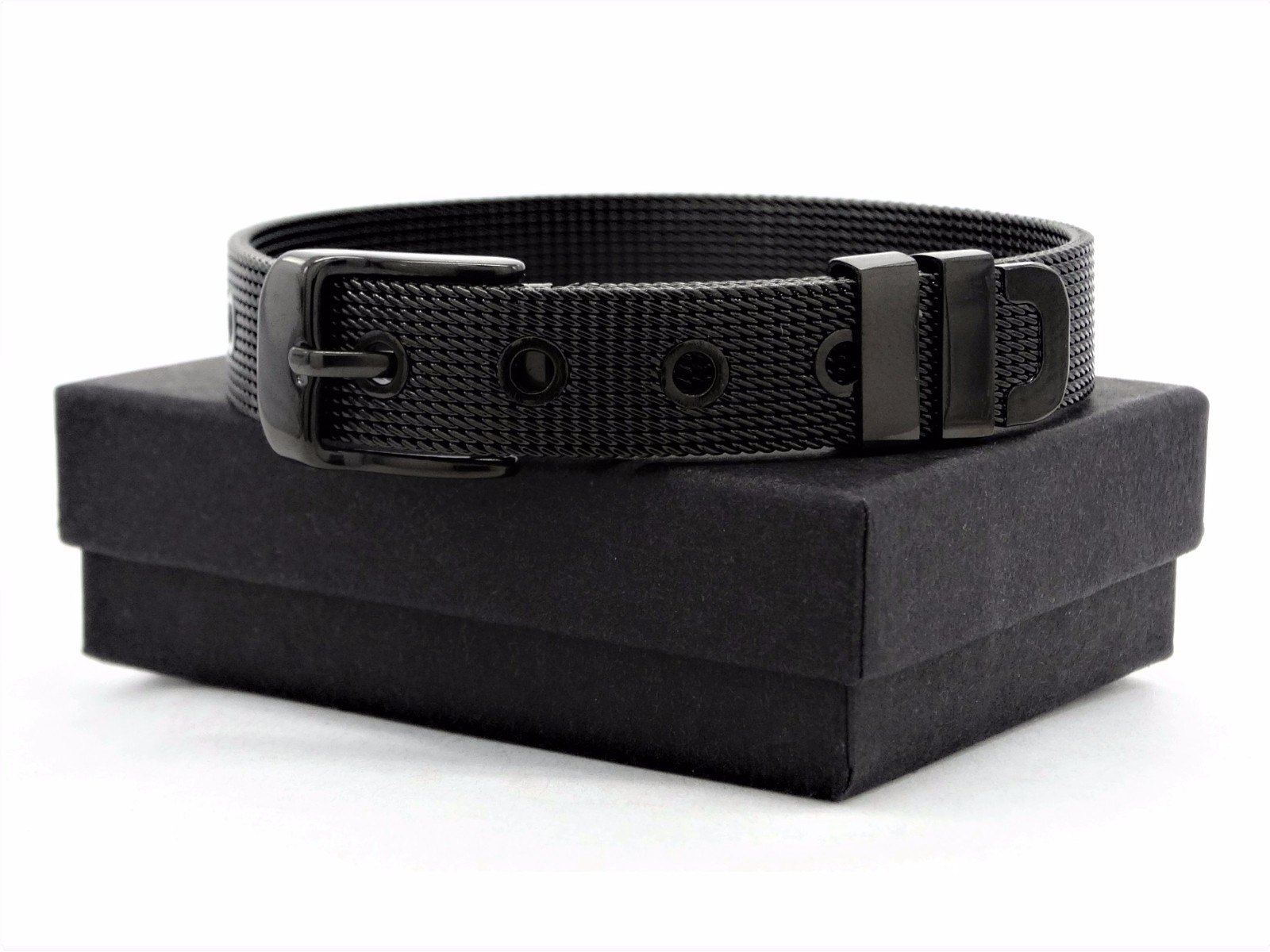 Jet black stainless steel mesh bracelet adjustable for men with purple gift bag gallery