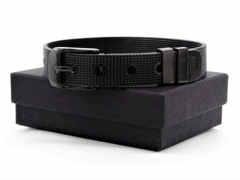 Jet black stainless steel mesh bracelet adjustable for men with purple gift bag gallery