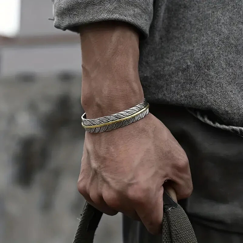 Men Vintage Silver Feather Cuff Bracelet Adjustable Wrist Bangle Bracelet Gift gallery