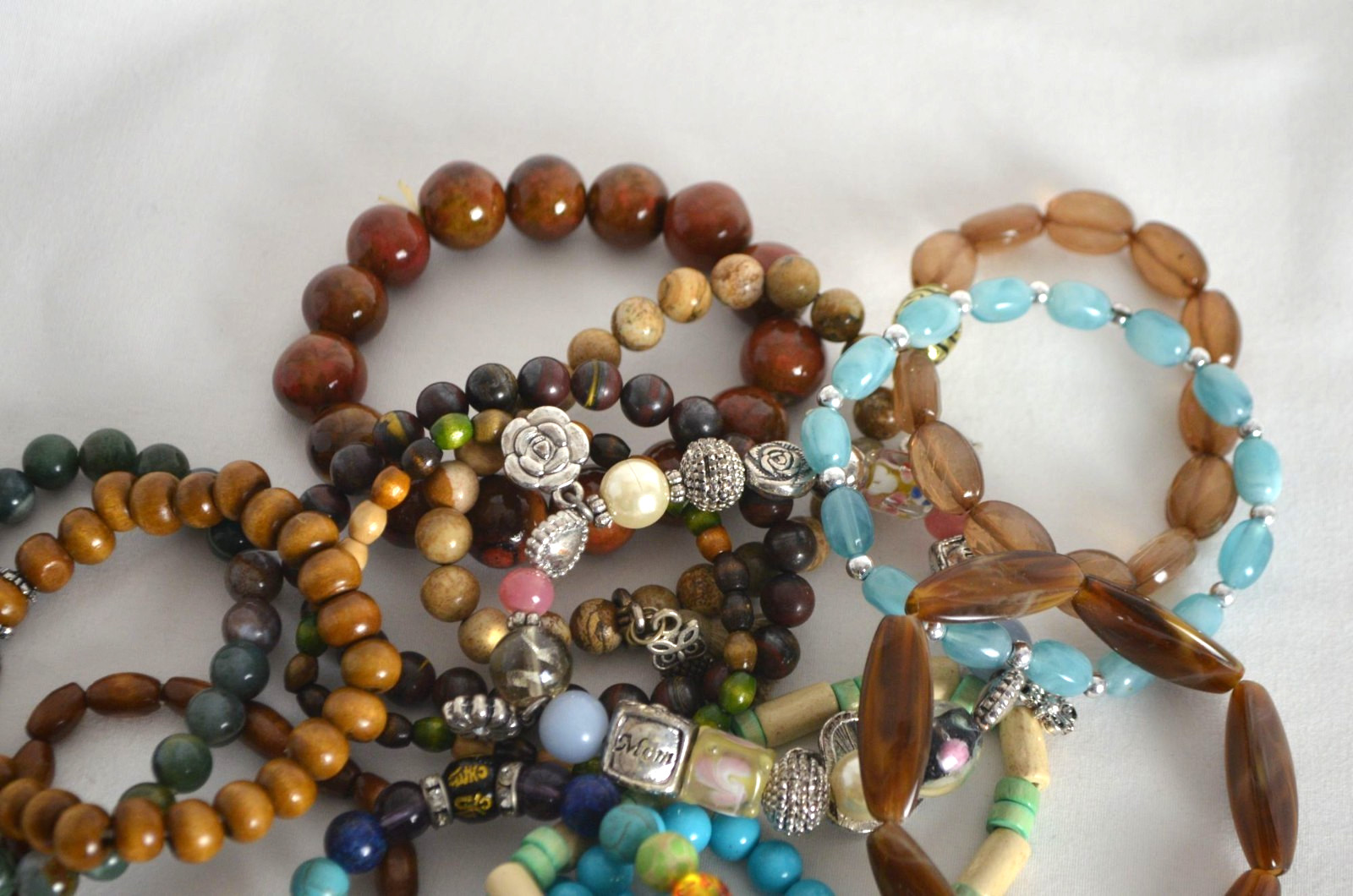 Stackable Bracelet Lot 14pc Beaded Stretch Mixed Materials circa 2000s gallery