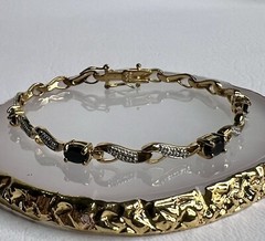 Black Sapphire & White Topaz Gold Tone 925 Sterling Silver Tennis Bracelet 7.5