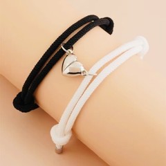 2Pcs Black & White Rope Braided Couple Bracelet Set – Magnetic Heart Charm Jewel