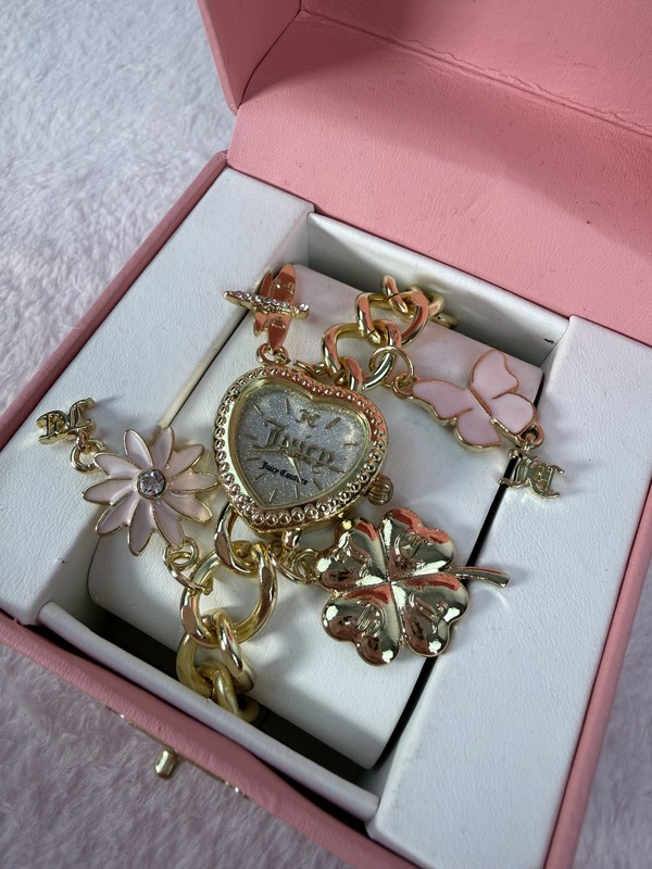 Juicy Couture Charm Bracelet Watch Gold-Tone Heart Dial Box Y2K 2000s New gallery