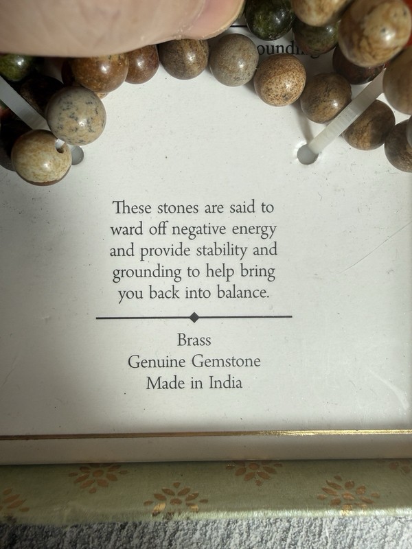 NIB Shivam Unakite Jasper & Quartz Gem Stone Beaded Bracelet Brass Made in India gallery