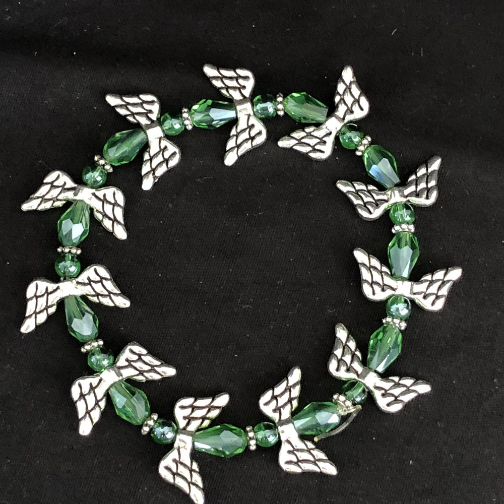 Angel Wing Bracelet Green Faith Support Christian Love Healing Stretch 7-12”
