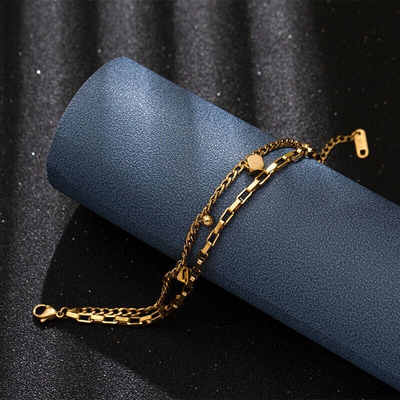 Woman 18K Gold Plated Stainless Steel Cubes Box Curb Chain Bracelet Bangle 7.9'' gallery