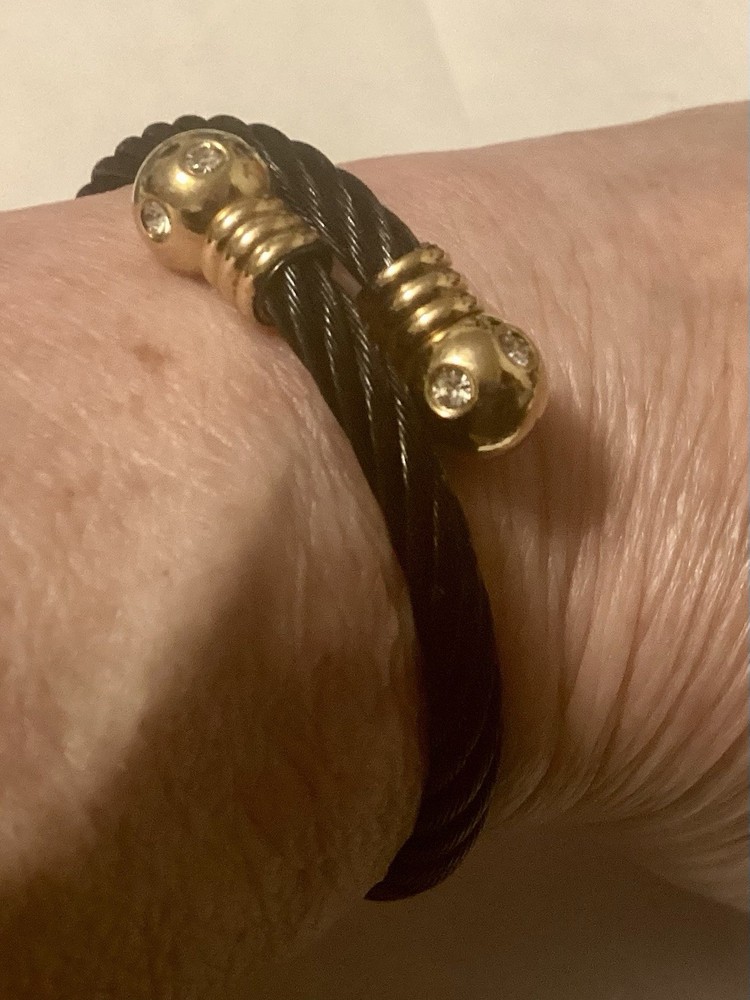 Black Twisted Cable Wire Cuff Bangle With Gold Tone Balls On Each End