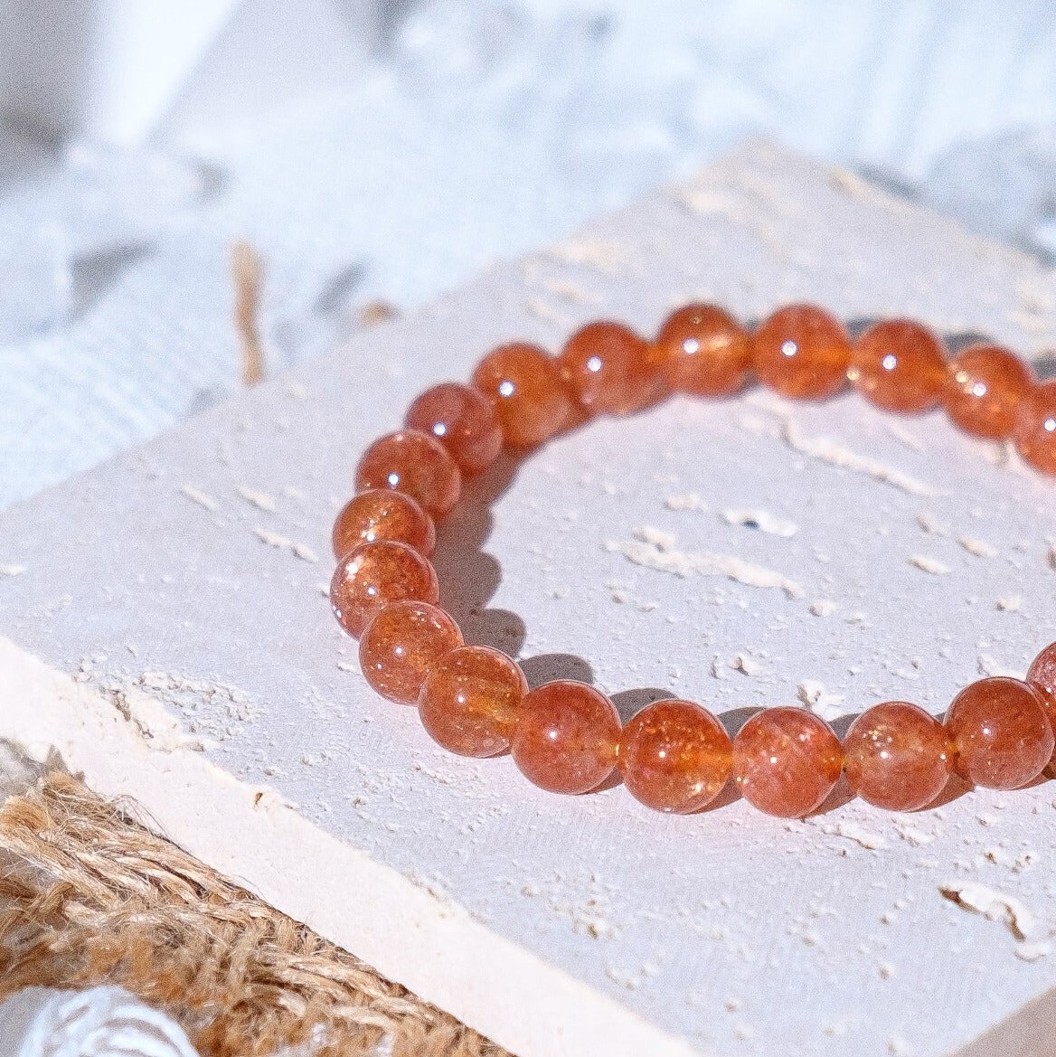 Natural Orange Sunstone Stone Bracelet Gold Sheen Crystal Stretch Bracelet gallery