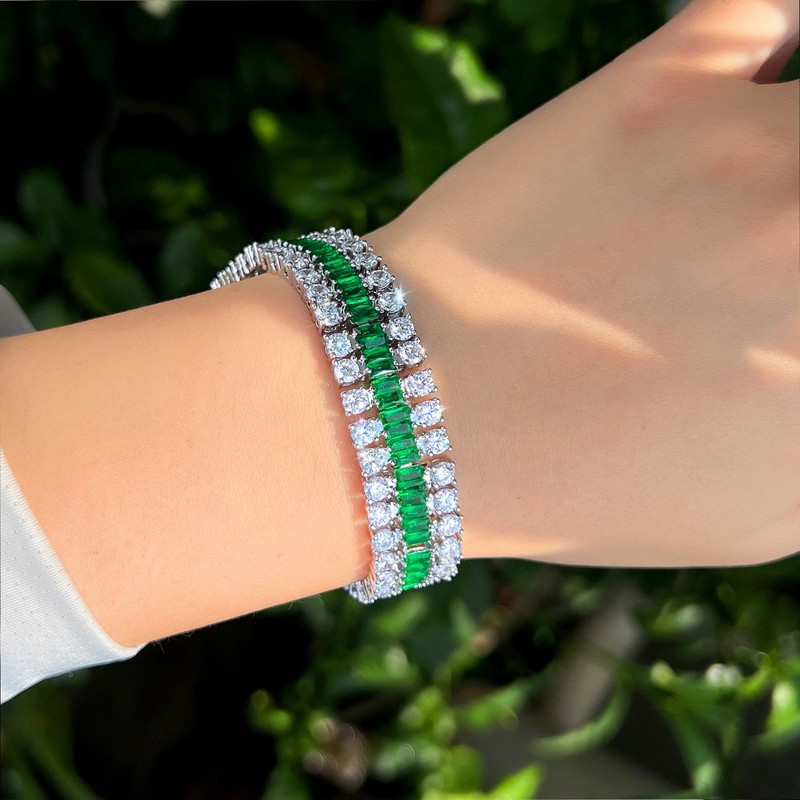 Silver Plated Cubic Zirconia Green Round Tennis Wide Wrap Bracelet Women Party gallery