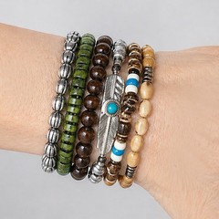 Boho Bracelet Set 6pc Wood Bead Stack Stretch 7in Unisex Turquoise Accent