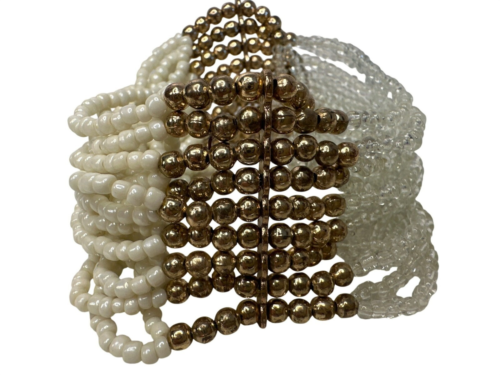 Multistrand Beaded Bracelet Gold Clear White Beads Stretchable Boho Chunky gallery