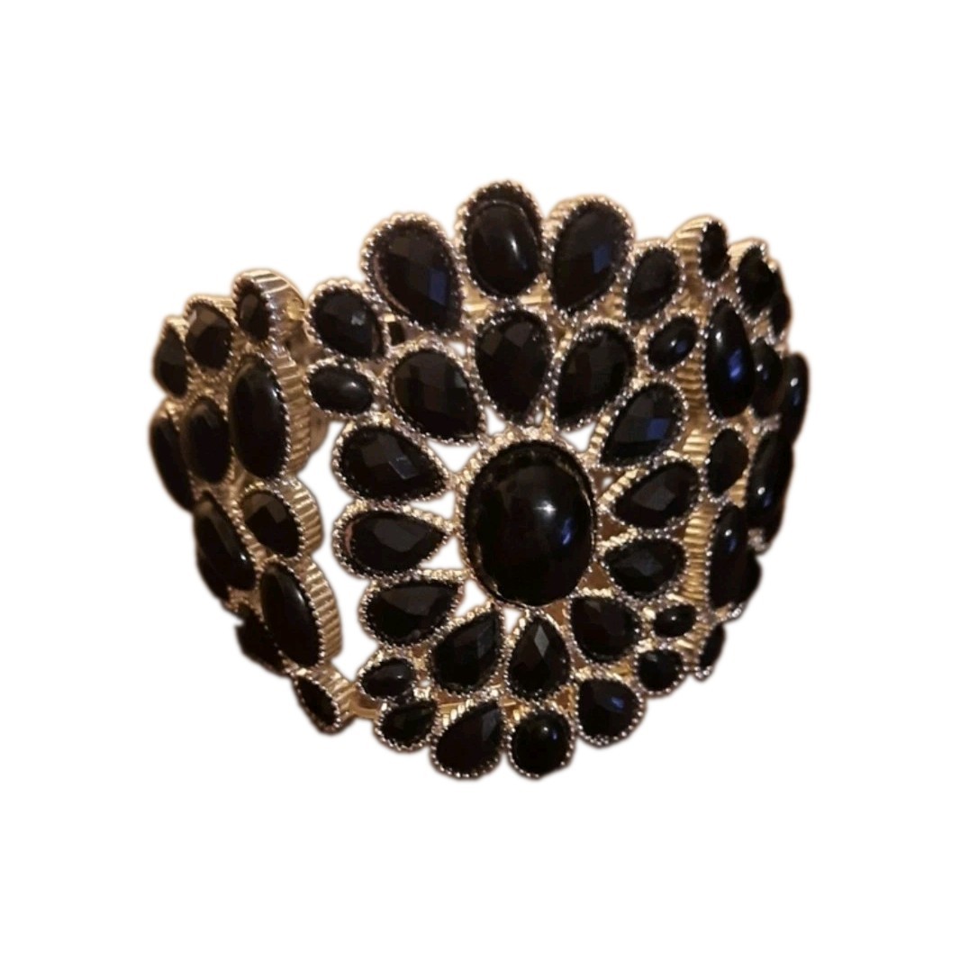 Ornate Dark Gothic Statement Bracelet Stretchy Black And Dark Blue Silvertone... gallery