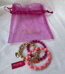 Lilly Pulitzer 3 PC Bracelet Gold Beads Pink Hearts Stackable Bracelet NWT