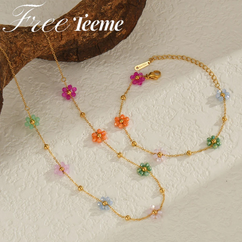 Colorful Artificial Crystal Flower Necklace Bracelet for Women Girl Stainless St gallery