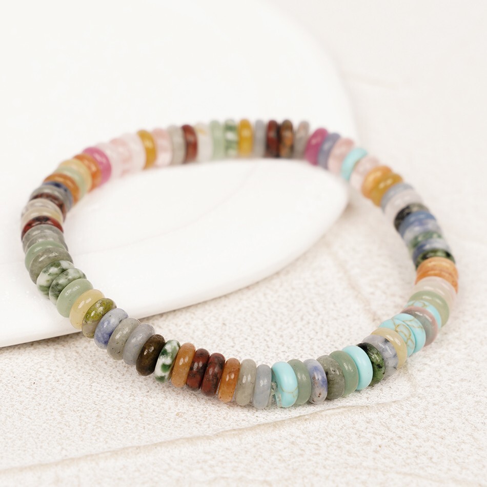 Beaded Symthetic Multi Color Disk Stone Elastic Bracelet