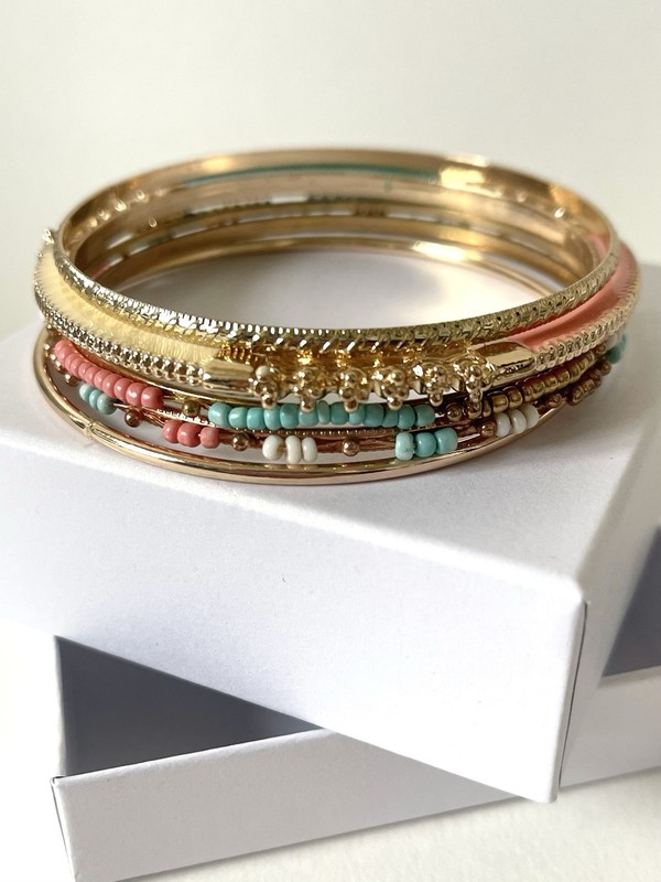 3” Gold/Coral Pink/Teal Aqua Bangle Bracelets, 8” in Diameter, 5PC, Set of 5 gallery