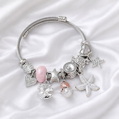 Silver Charm Bracelet Women | Ocean Sea Star Shell Heart Beads Bangle Adjustable