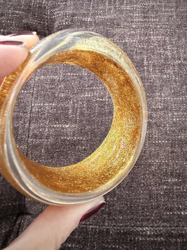 Vintage Chunky Clear Asymmetrical Lucite Bangle Bracelet Gold Glitter 80s 90s gallery