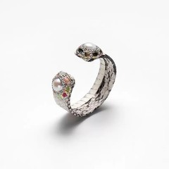Snake Textured Open Cuff Bangle Bracelet w/ Faux Pearl & Multicolor Crystal