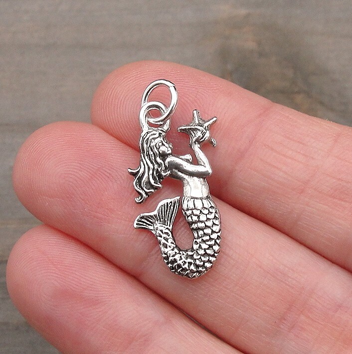 Silver Mermaid Charm - Mermaid and Starfish Charm - Ocean Charm - Beach Charm gallery