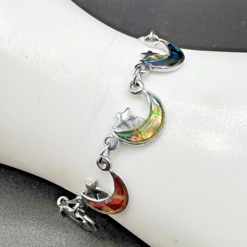 Celestial Moon Star Bracelet Iridescent Rainbow Silver Tone Charm 7 Inch gallery