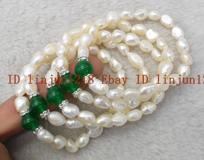 5Pcs Natural 7-8/8-9/9-10mm White Pearl 10mm Green Jade Bracelet 7.5 in gallery