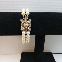 Vintage Avon Faux Pearl Bracelet, Double Strand Gold Tone Rhinestone Flower Clap