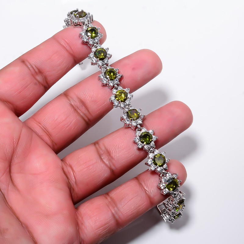 Green Tourmaline, CZ 925 Sterling Silver Adjustable Bracelet 7-8" B127929 gallery