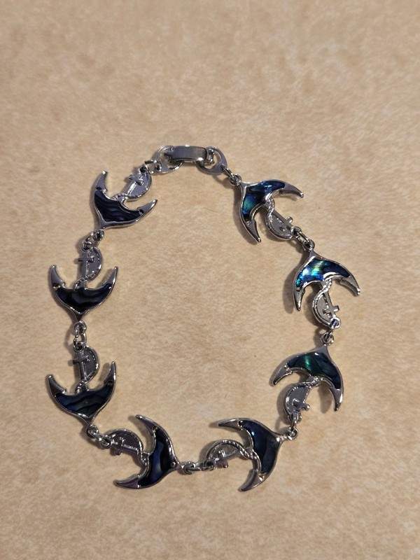 Nautical Anchor Stingray Link Bracelet 7.5" Silver Tone Abalone Ocean Theme gallery