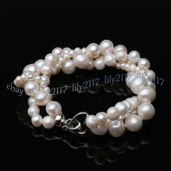 3 Rows 5-10mm Real Natural White Freshwater Baroque Pearl Beads Bracelet 7.5”