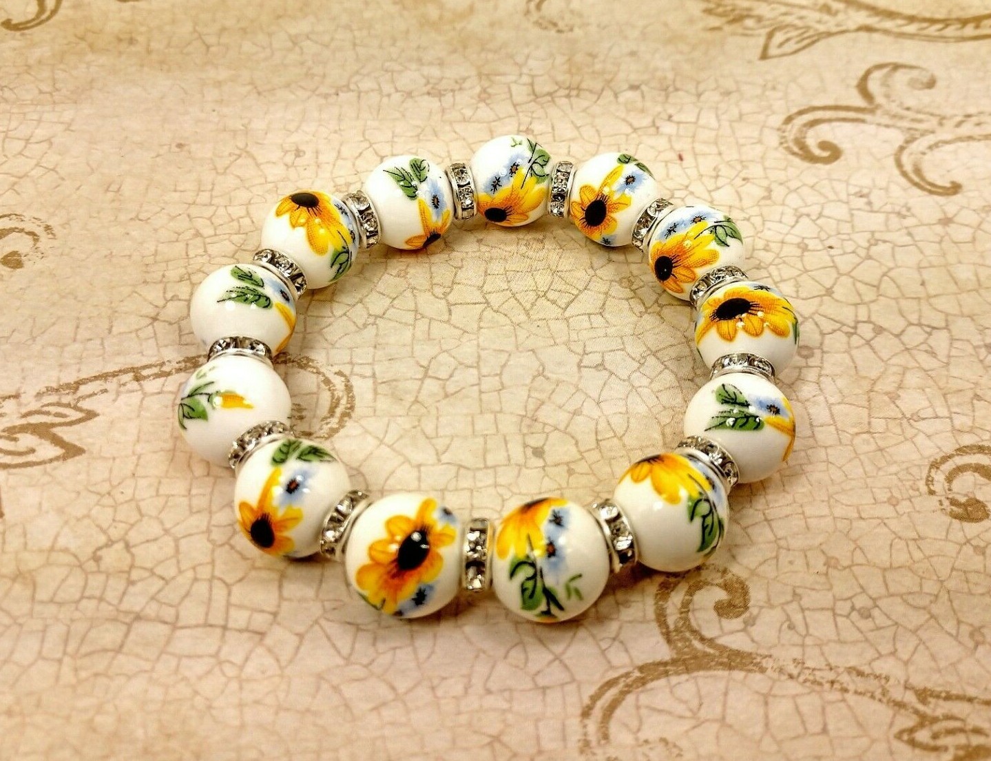 Yellow Flower Porcelain Bead and Crystal Beaded Stretch Bracelet - NEW gallery