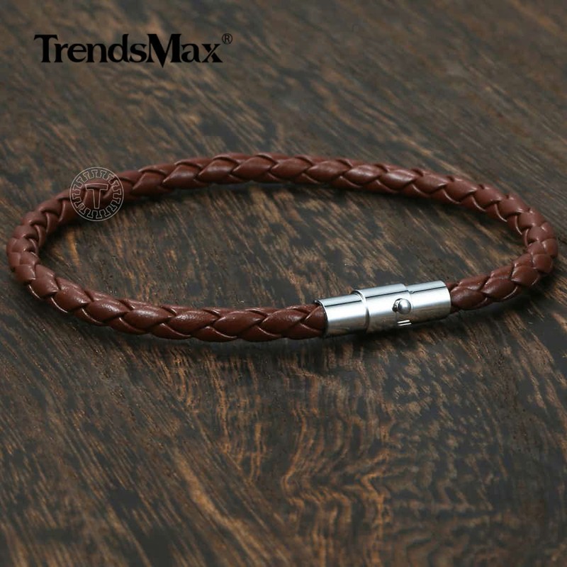 4mm Brown Man-made Braided Leather Rope Bracelet with Magnetic Clasp Wristband gallery