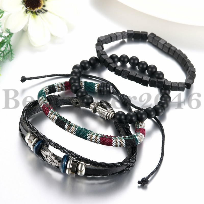 4PCS Men Women Leather Wrap Bracelet Braided Tribal Beaded Wristband Bangle Set gallery