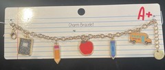 Teacher Charm Bracelet Gift Jewelry, Notebook Pencil Apple Crayon Bus Gold Tone
