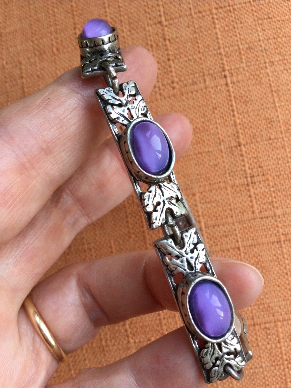 Vintage Miracle Bracelet, Scottish Celtic Purple Moonstone styled Glass signed gallery