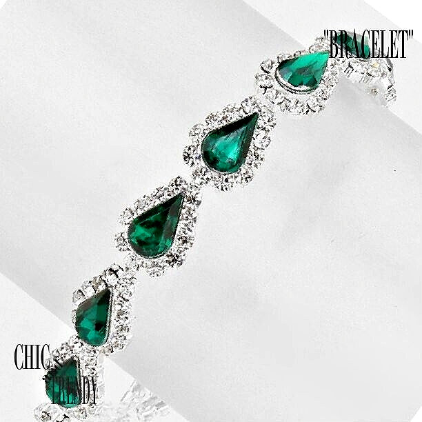 TEARDROP GREEN CLEAR CRYSTAL BRACELET, FORMAL WEDDING PROM FASHION JEWELRY gallery