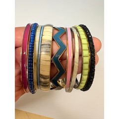 Vintage Mixed Bangle Bracelet Lot 10pc Enamel Chevron Beaded Rhinestone Multi