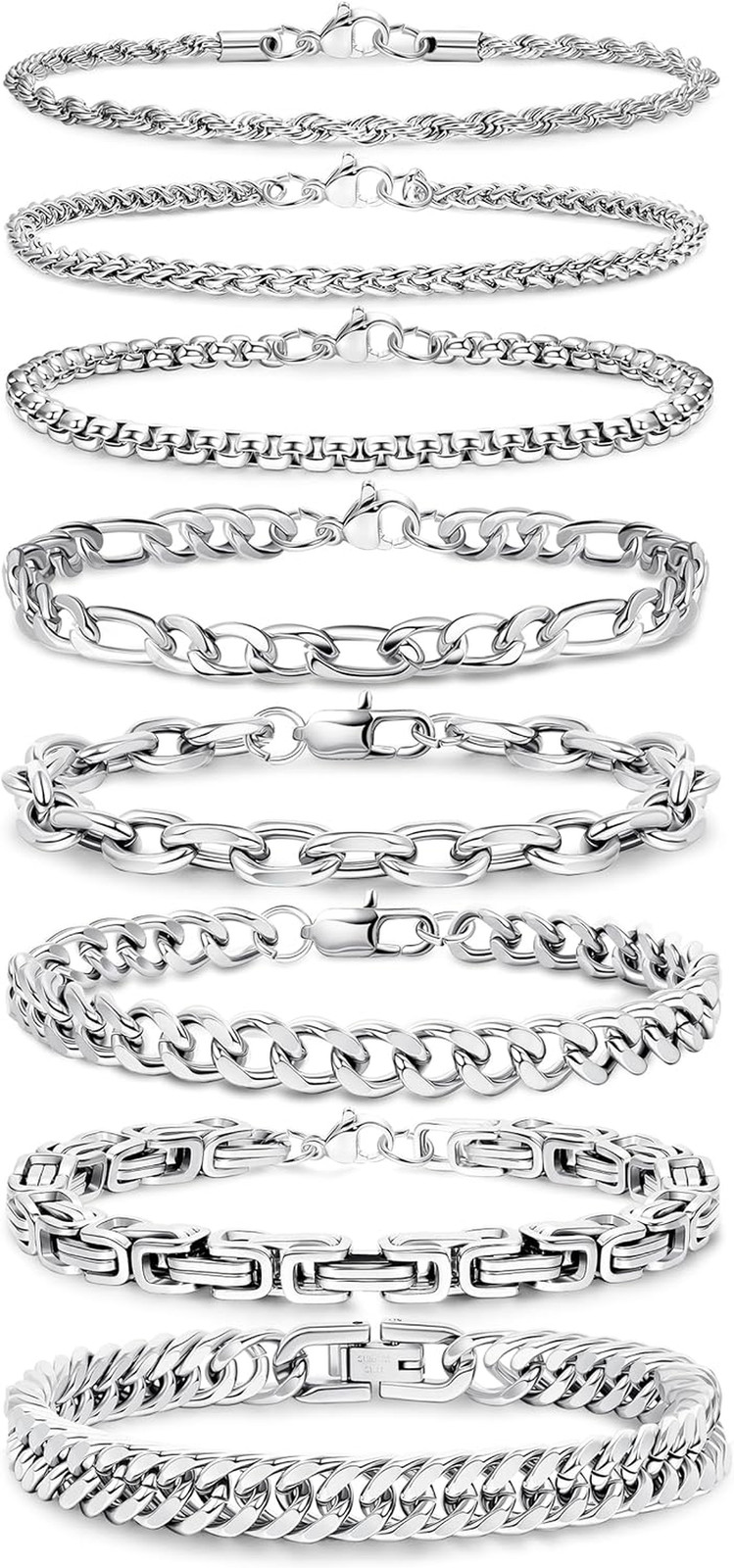 8Pcs Stainless Steel Bracelets for Men Women Sturdy Cuban Link Bracelet Curb Rop gallery