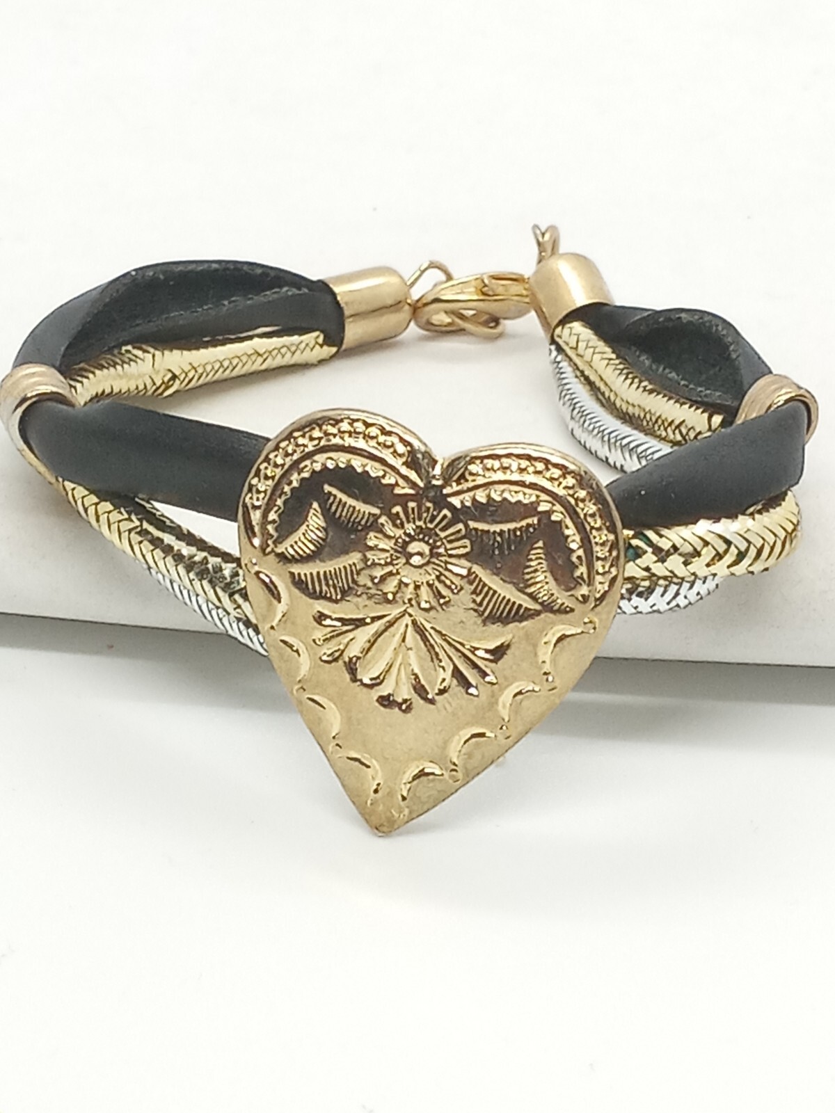 Gold Tone Heart Bracelet Black and Silver Wrap Bands Fashion Jewelry gallery