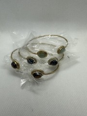 Set Of 3 Open Circle Cuff Bracelets Gold Tone with Colored Cabachon