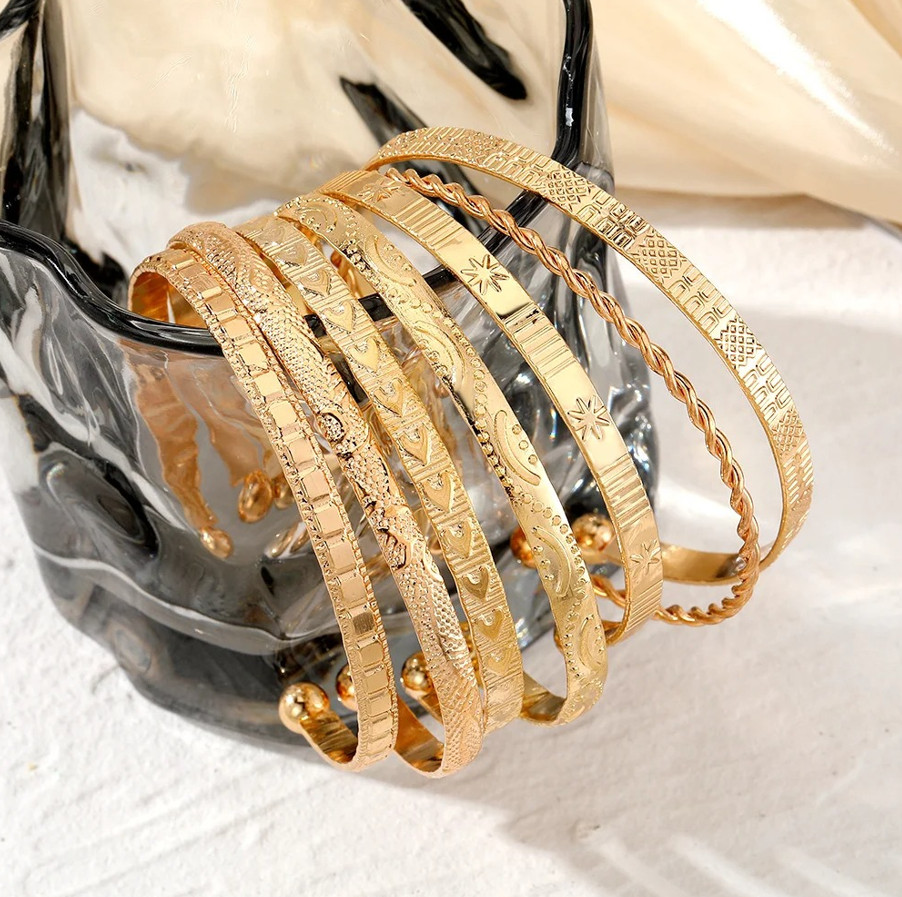 7pcs Punk Gold Color Bracelet Set Goth Heart Bangle Jewelry Women - NEW gallery