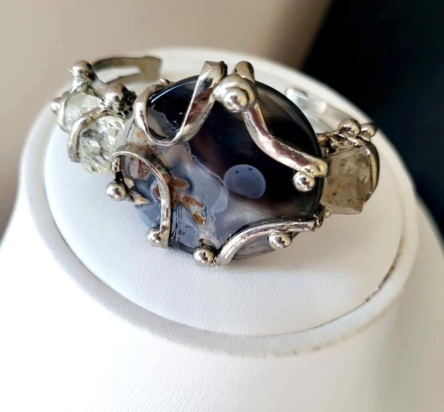 NEW Black Brazilian Agate & Raw Crystal Cuff Bracelet Silver Nickel Jewelry gallery