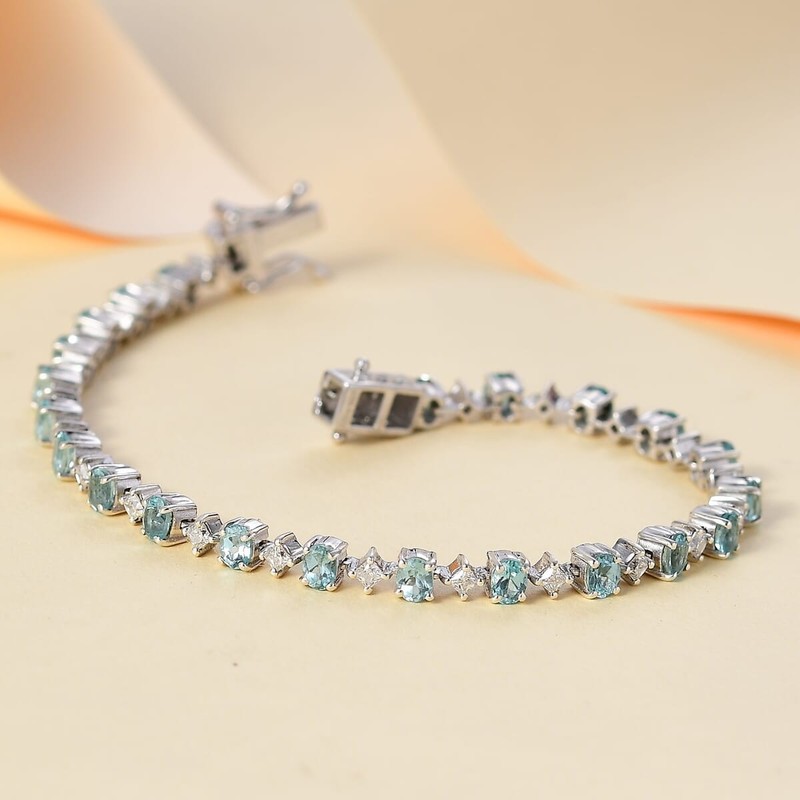 5.60ctw Premium Betroka Blue Apatite & Moissanite Bracelet Rhodium Plated 7.25" gallery