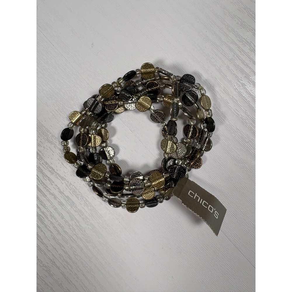 Chicos Multi Strand Stretch Bracelet Hammered Metallic Disc Gold Silver Boho NEW