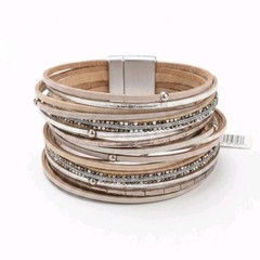 Beige Faux Leather Cord Wrap Bracelet, Clear Crystal Accent, Magnetic Closure