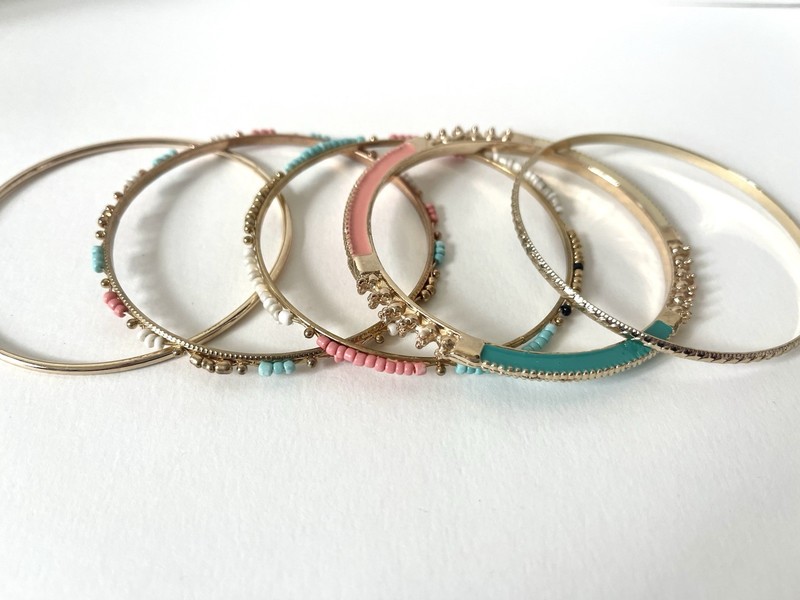 3” Gold/Coral Pink/Teal Aqua Bangle Bracelets, 8” in Diameter, 5PC, Set of 5 gallery