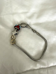 Pandora Snake Chain Bracelet w/Red Glass Bead 8 Inches