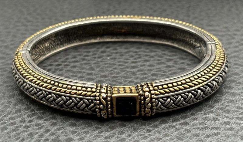 Woven Silver Tone Gold Tone Black Rhinestone Basketweave Bangle Bracelet gallery