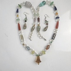 Handmade Beaded Necklace and Earrings Set Amber Bell Charm Colorful Glass Beads