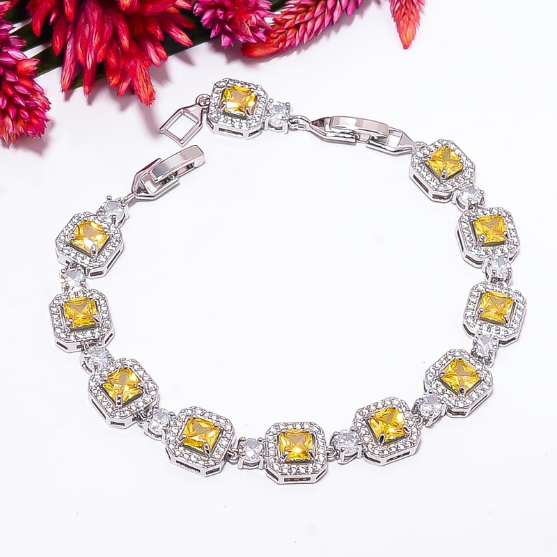 Yellow Sapphire -Simulated, CZ 925 Sterling Silver Adjustable Bracelet 7-8" B99 gallery